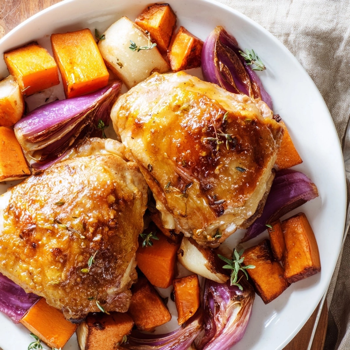 Sweet and savory Honey-Glazed Chicken with tender, herb-roasted vegetables, served family-style.