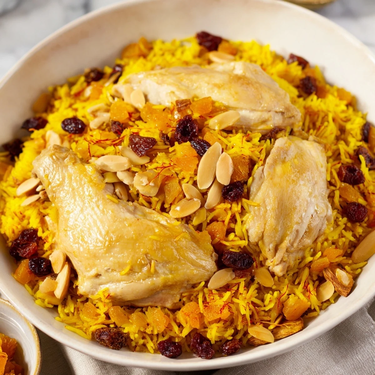 Golden saffron chicken and rice pilaf, a warm, inviting one-pot meal with fluffy rice and tender chicken.