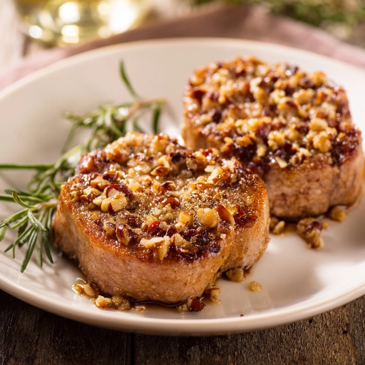 Perfectly seared thyme and pecan crusted pork tenderloin, ready for the oven, full of flavor.