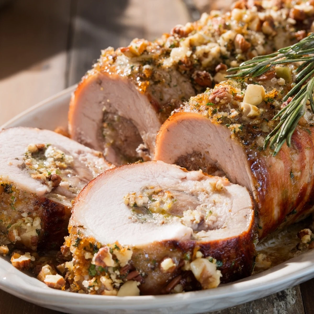 Golden-brown slices of thyme and pecan crusted pork tenderloin, a holiday centerpiece, flavorful and juicy.