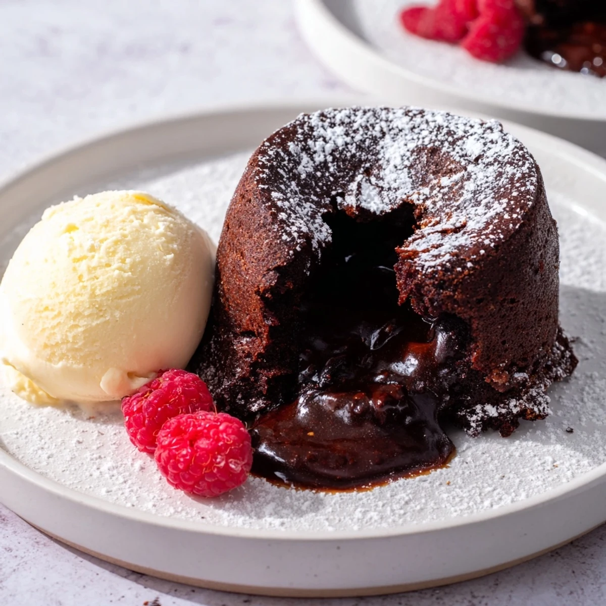 Rich, warm dark chocolate lava cakes with melted chocolate spilling out on a plate, ready to serve.