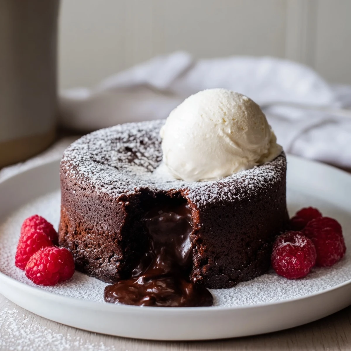 Molten dark cocoa center revealing itself after scooping into these delicious warm chocolate lava cakes.