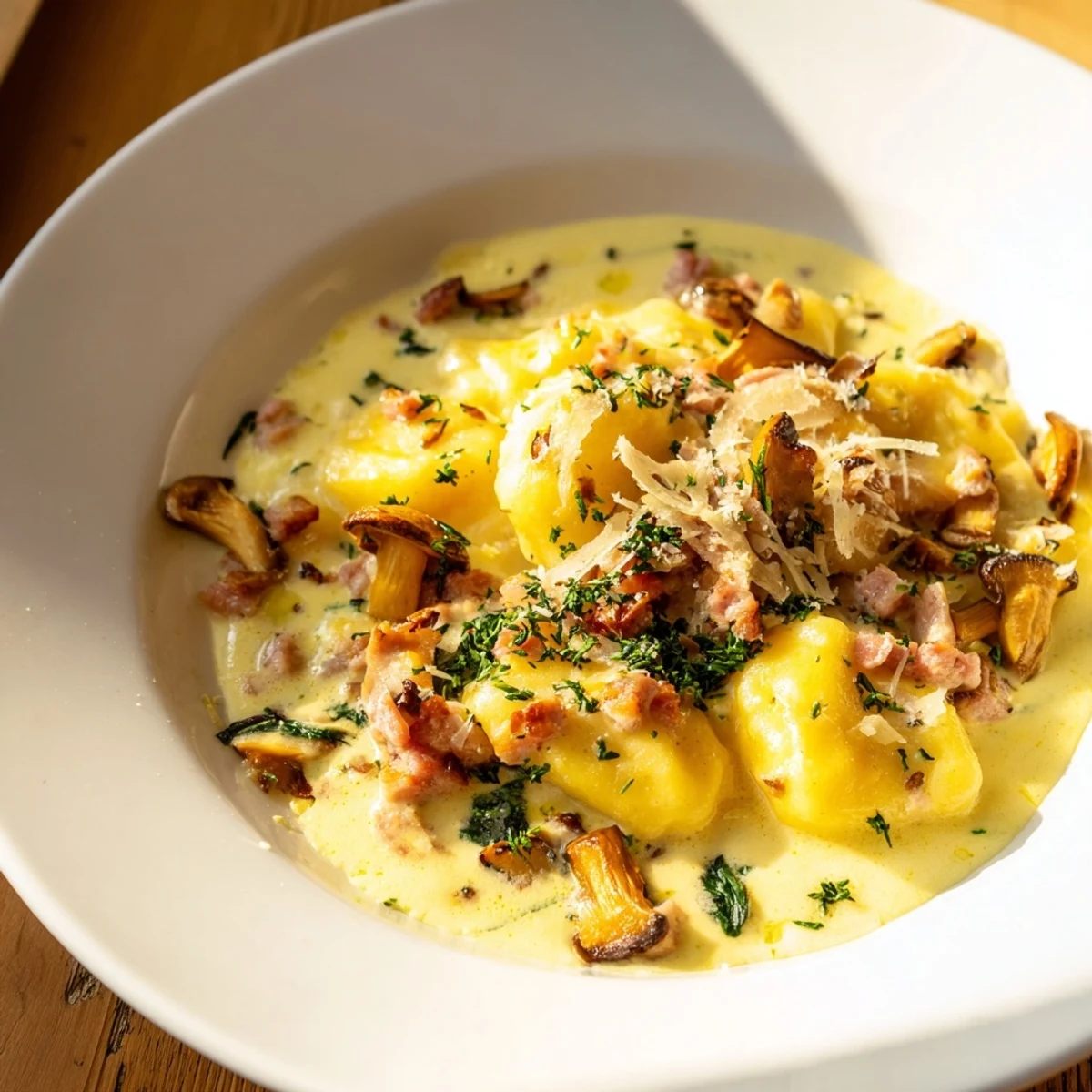 Steaming skillet of Woodsy Sausage and Mushroom Gnocchi, ready to serve with Parmesan cheese.