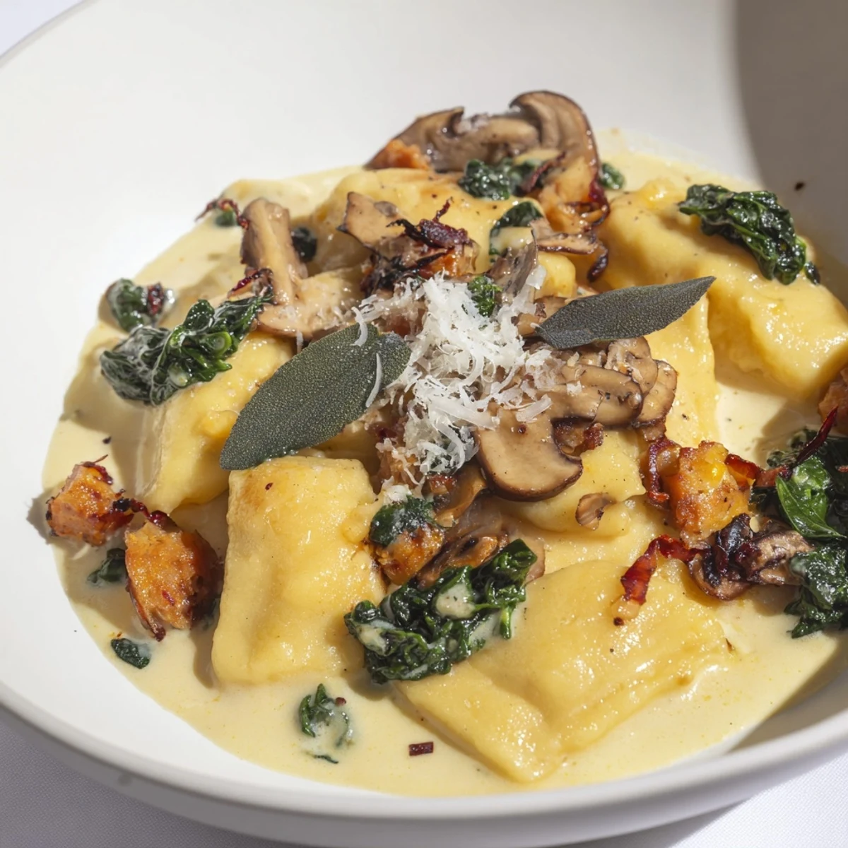 A close-up of creamy Woodsy Skillet Sausage and Mushroom Gnocchi, showing delicious mushrooms and sausage.