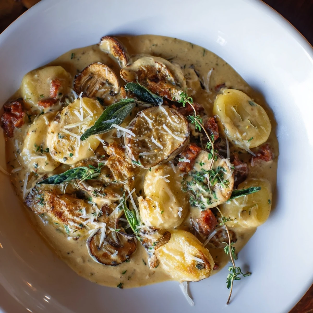 Warm, flavorful dish of Woodsy Skillet Sausage and Mushroom Gnocchi; perfect for a cozy dinner.