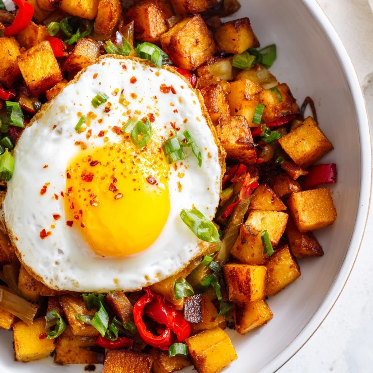 Imagine the aroma! This Simple Skillet Egg and Potato Hash shows yolky eggs atop golden, crispy potatoes.