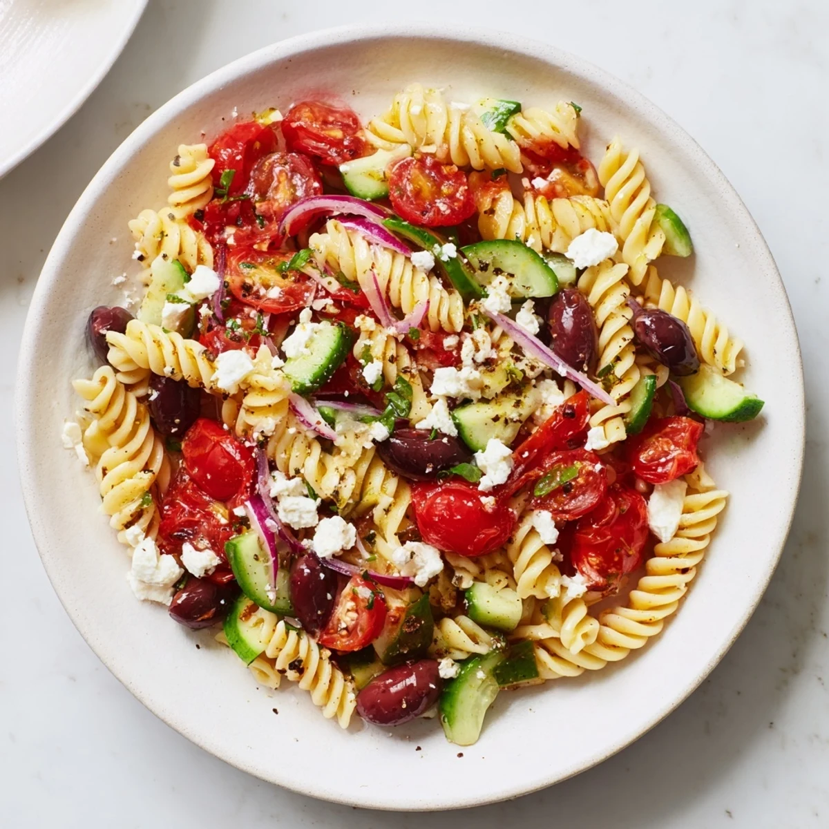 Mediterranean Olive Oil and Feta Pasta Salad features colorful veggies and creamy feta in a bright olive oil dressing.