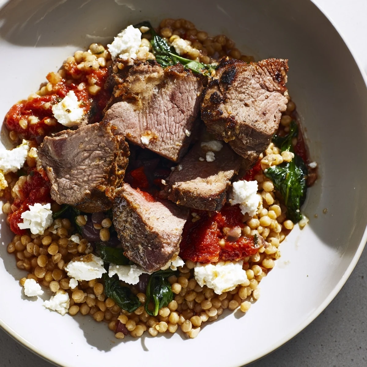 Savory Smoky Mediterranean Lamb and Orzo Supper with feta, herbs, and lemon wedges, ready to enjoy.