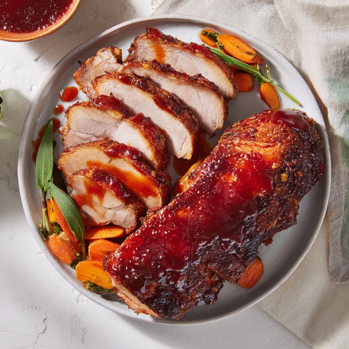 A close-up of the moist, flavorful Everyday Herb-Sprigged Turkey Meatloaf with visible chopped herbs.
