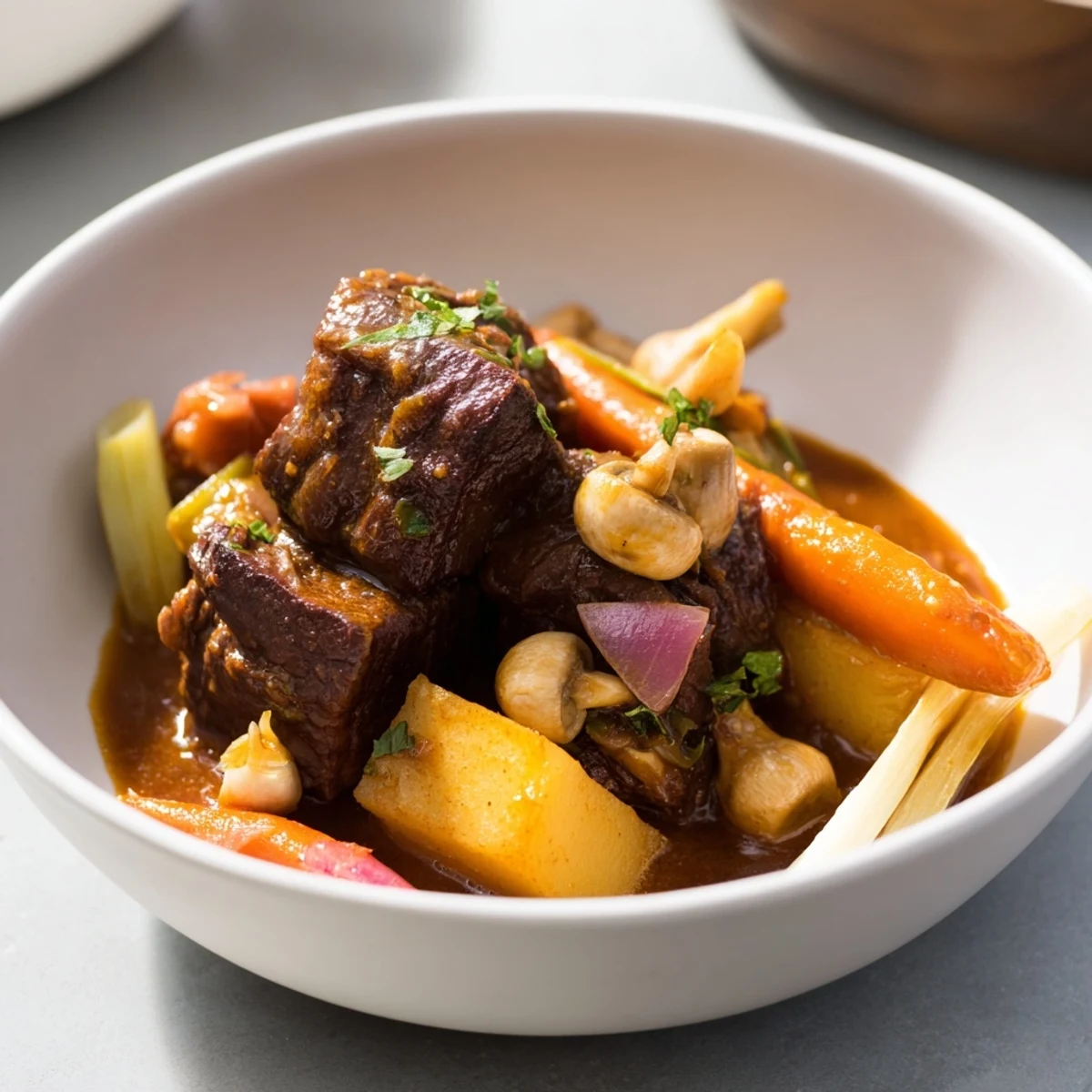 A steaming bowl of earthy beef stew with crusty bread, a comforting meal for chilly days.