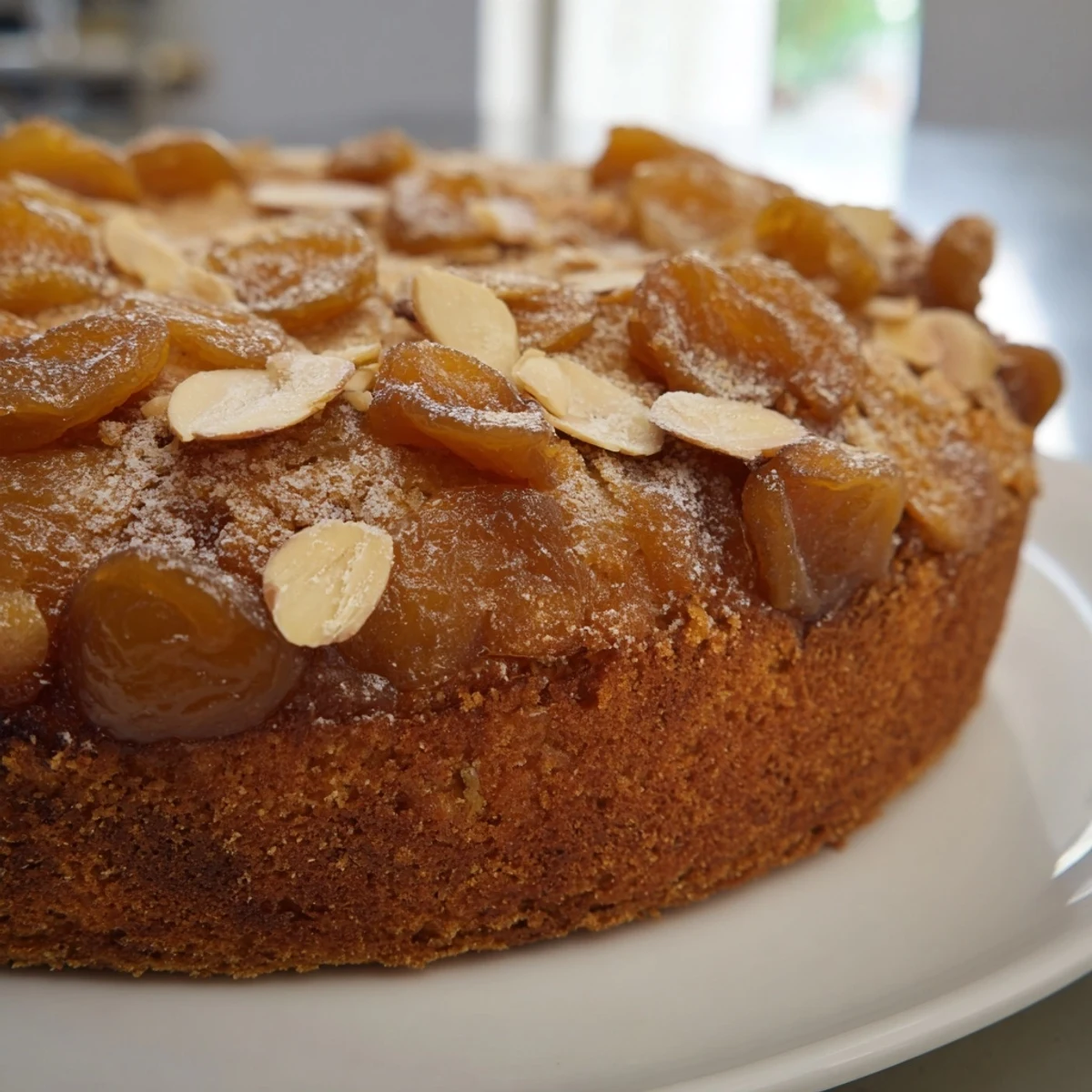 A slice of Soft Sweet Plum-Infused Almond Cake, showing a moist interior with sweet fruit, ready to serve.