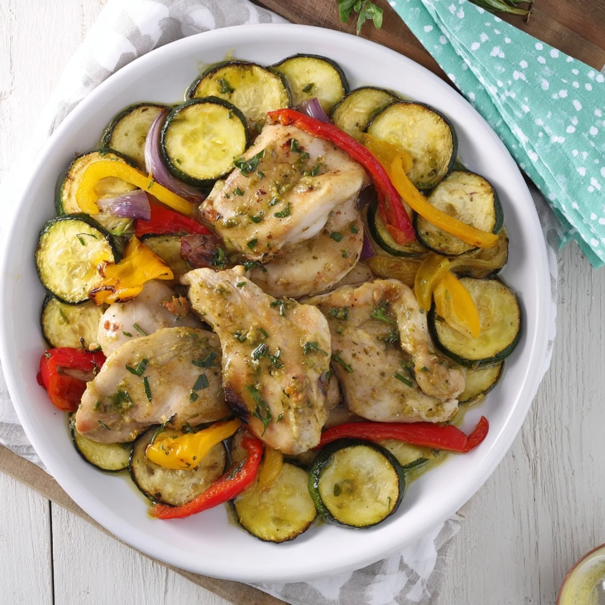 Sheet pan basil-soft chicken and veggies, roasted until tender with a bright, zesty lemon and basil aroma.