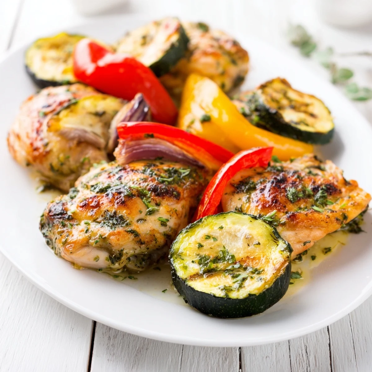 Golden-brown basil-soft chicken nestled among colorful roasted vegetables, a delightful sheet pan dinner.