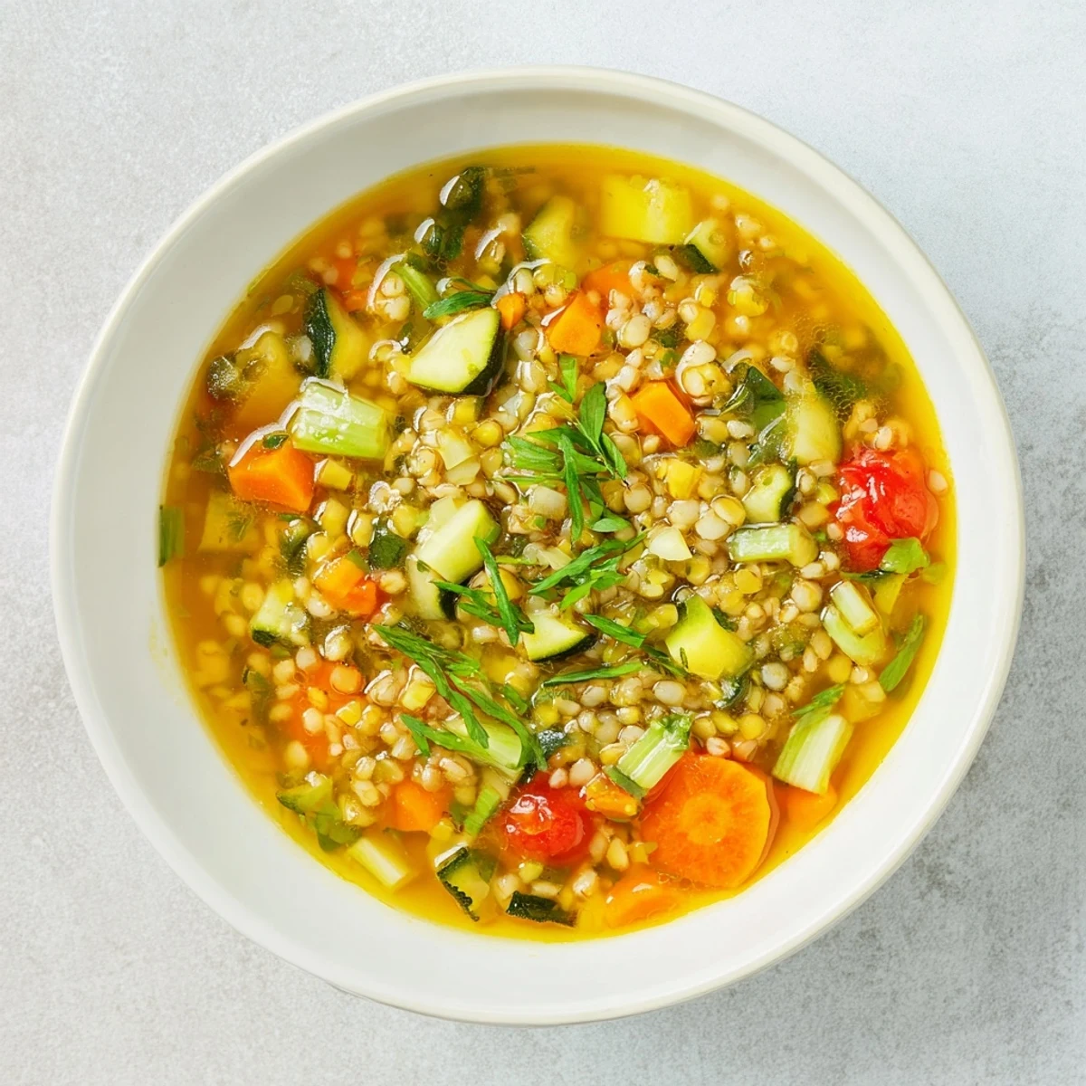 Steaming bowl of Simple Homemade Grain and Vegetable Soup, colorful and inviting with fresh parsley garnish.