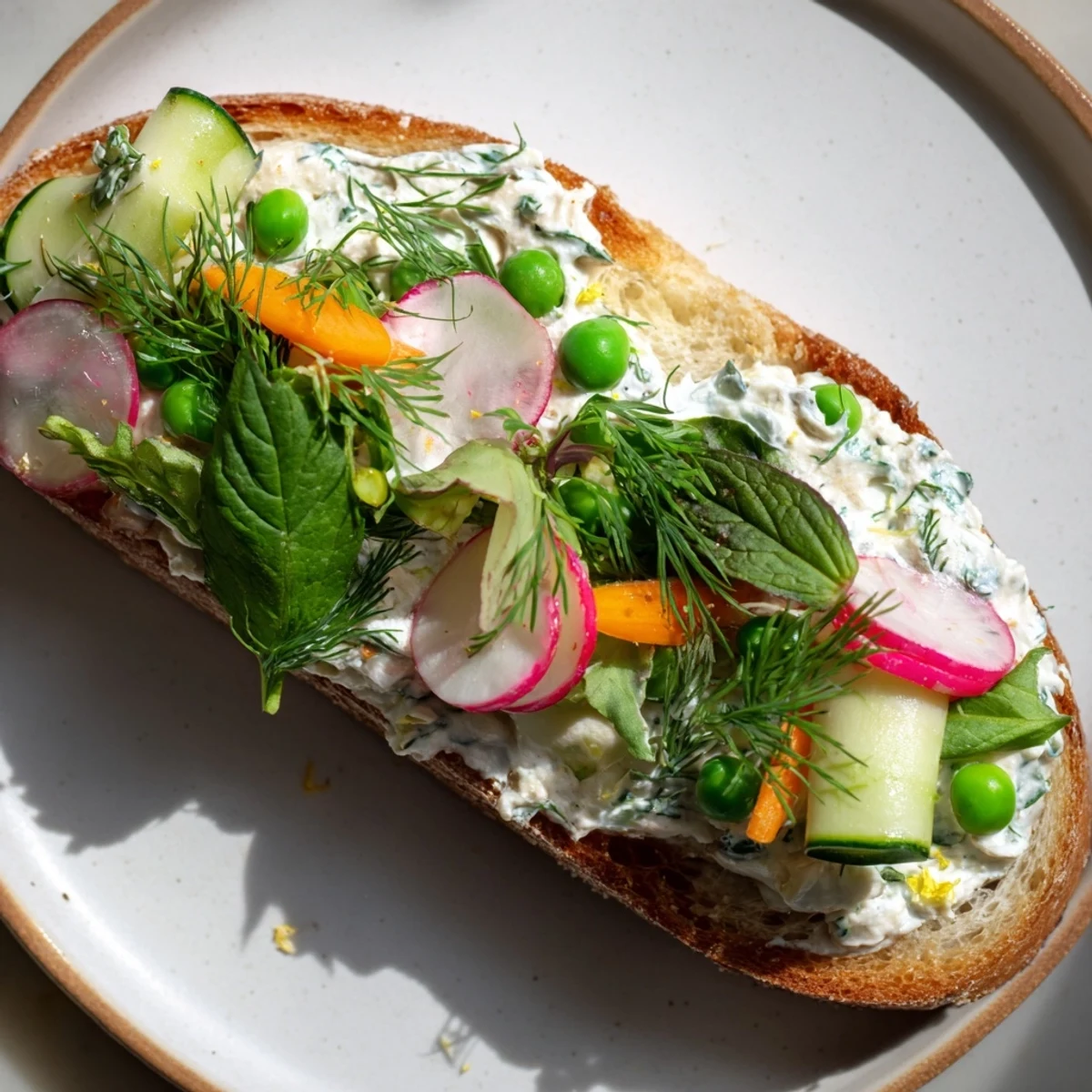 Fresh Meadow-Inspired Garden Vegetable Tartines, featuring vibrant colors of fresh vegetables on toasted bread.