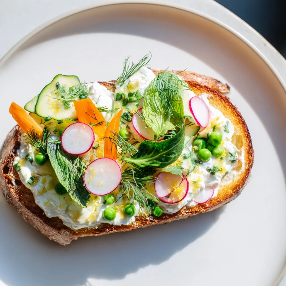 Golden-toasted bread topped with a creamy herbed cheese and colorful Fresh Meadow-Inspired Garden Vegetable Tartines.