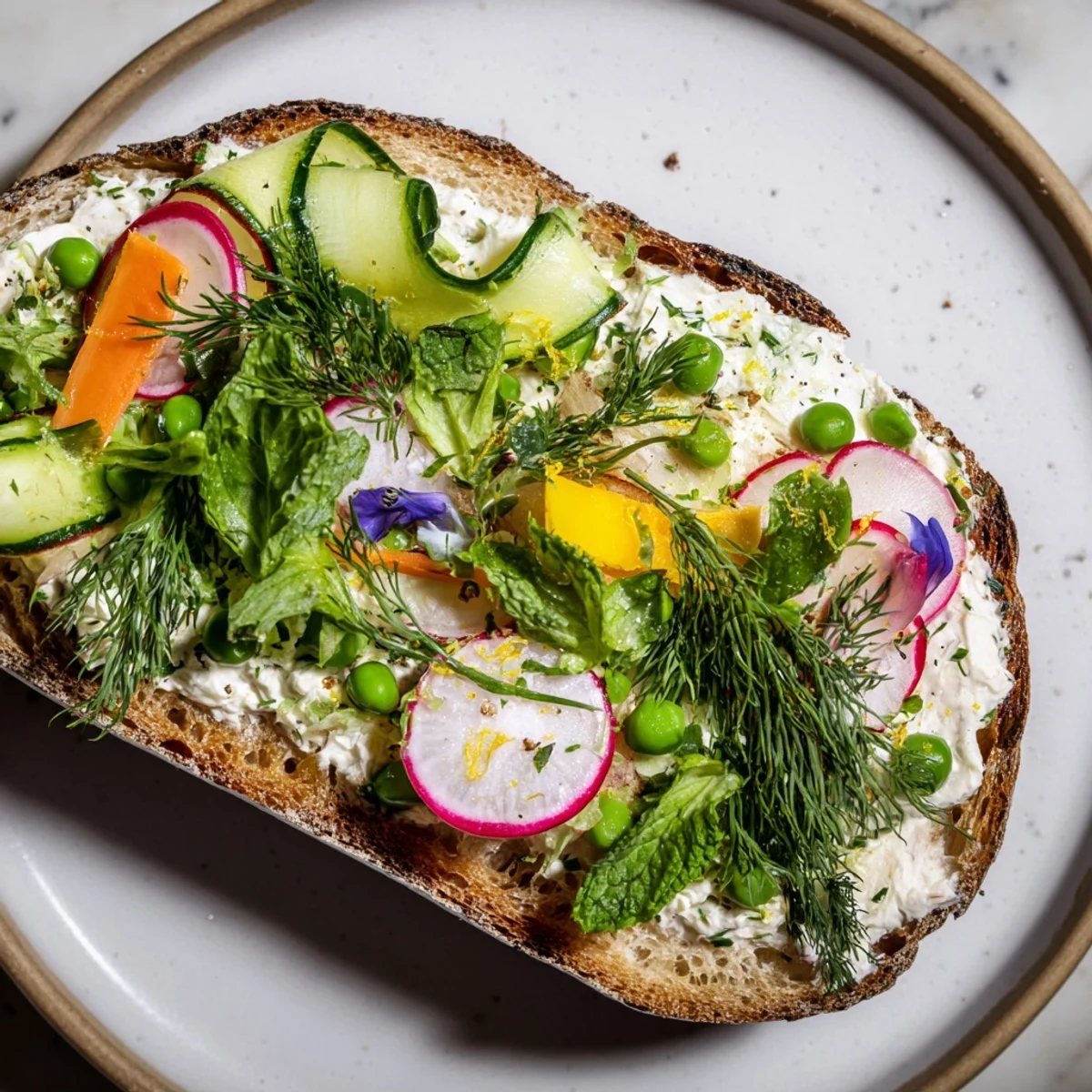 Enjoy the delicious, fresh flavors of these light and bright Fresh Meadow-Inspired Garden Vegetable Tartines, perfect for lunch.