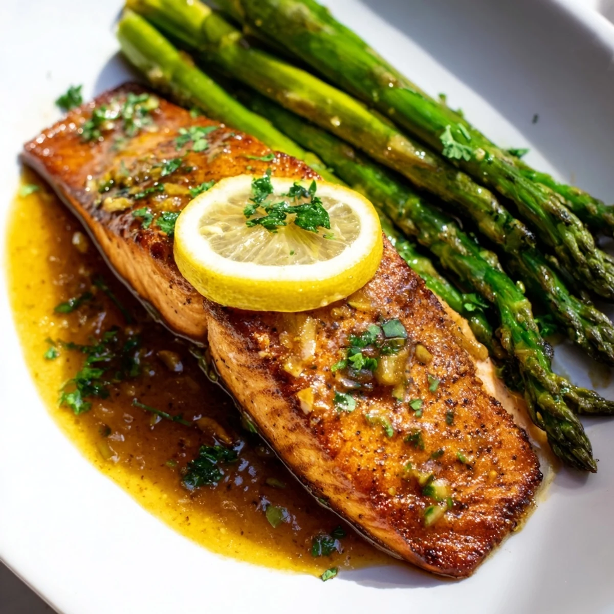 Sizzling Skillet Lemon-Butter Salmon with asparagus, boasting a bright lemon flavor, ready to serve.