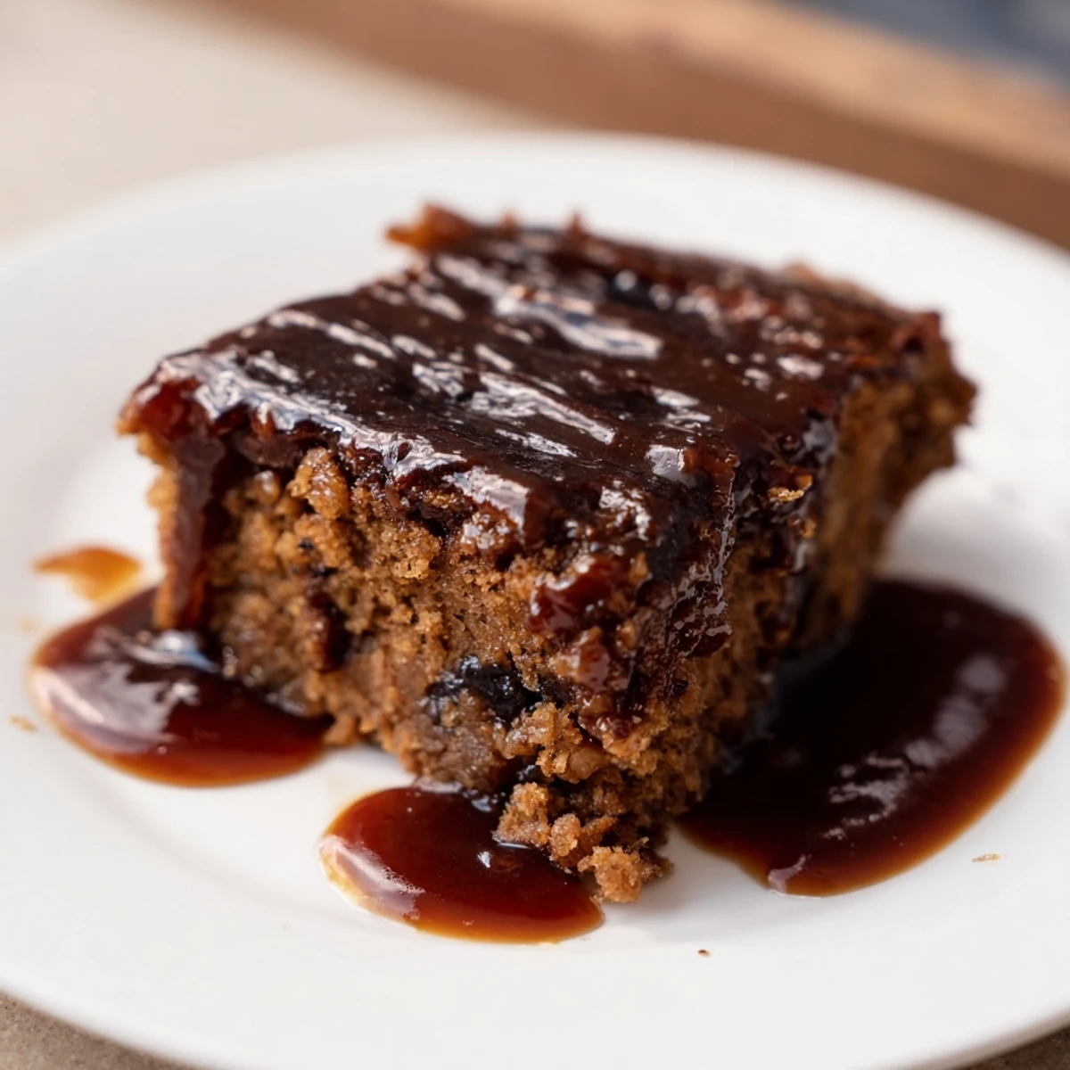 Warm, golden Weekend Cabin-Style Sticky Toffee Pudding drizzled with glistening, rich toffee sauce.
