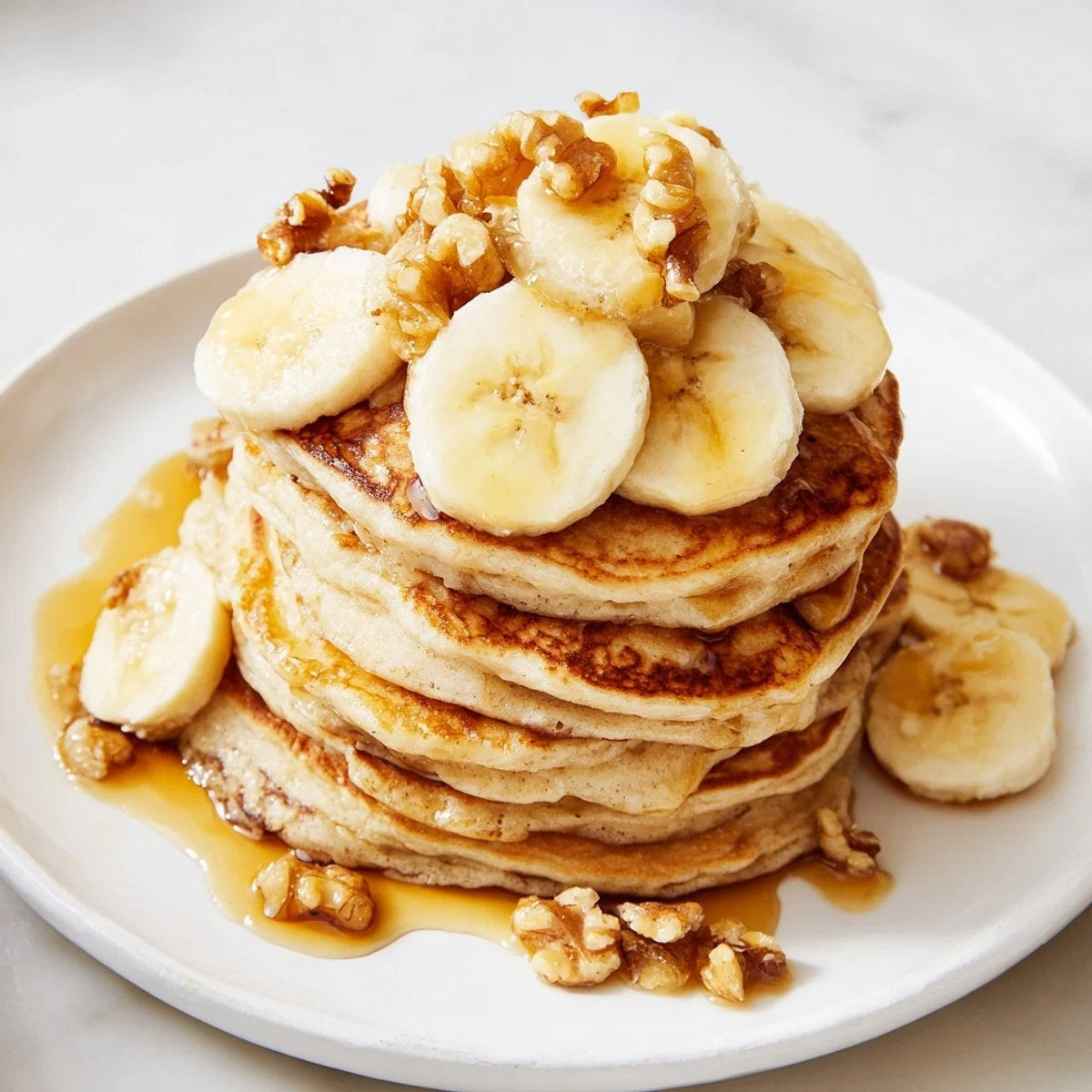 Golden Weekend-Brunch Banana Pancakes stacked high, dripping with maple syrup, perfect for a sunny brunch.