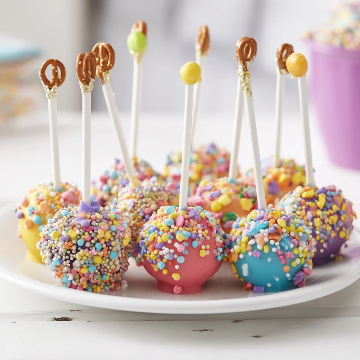Colorful Ornament Ball Cake Pops arranged for a holiday party, coated in shimmering white chocolate.