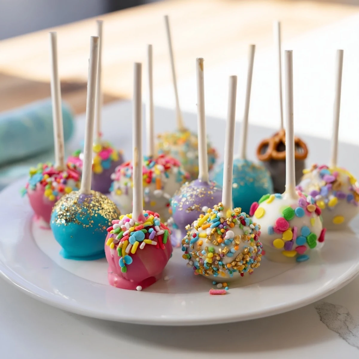 Festive Ornament Ball Cake Pops glistening with sprinkles and ready to be enjoyed at a celebration.