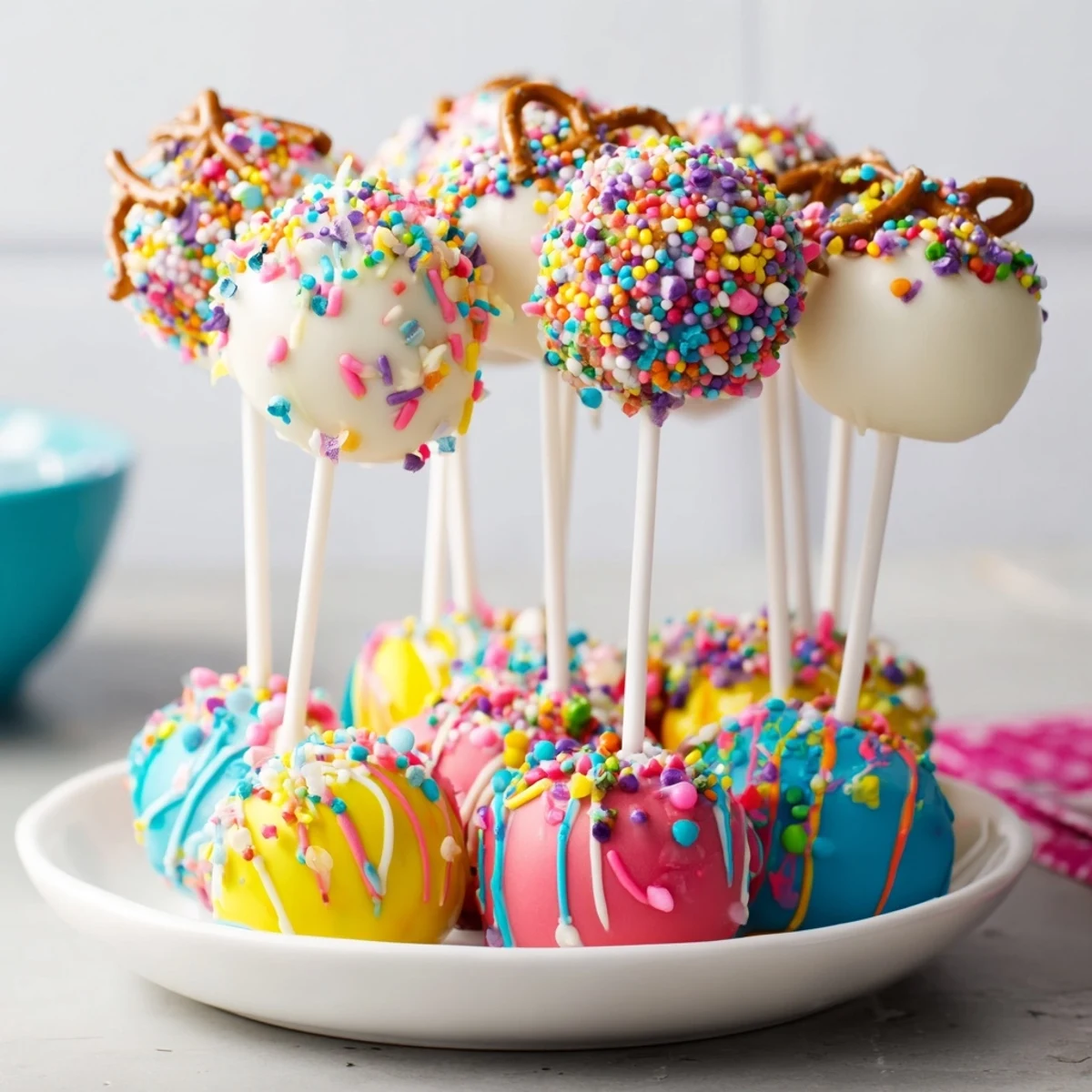 A delicious close-up of Ornament Ball Cake Pops, perfect treats with pretzel "hooks" and edible glitter.