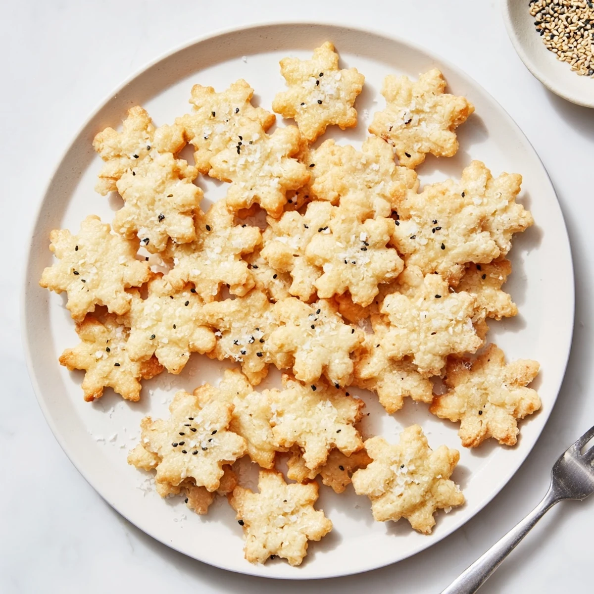 Golden, flaky Gourmet Crackers: Snowflake Cutout Cracker Board arranged beautifully for serving with cheese.