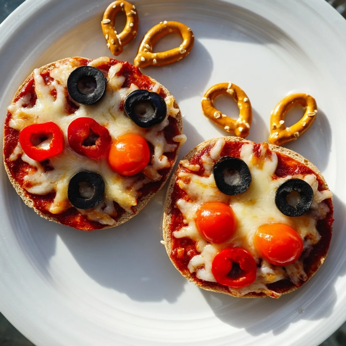Warm, bubbly Reindeer Face Pizza Bagels with melted cheese, olive eyes, and pretzel antlers, ready to eat!