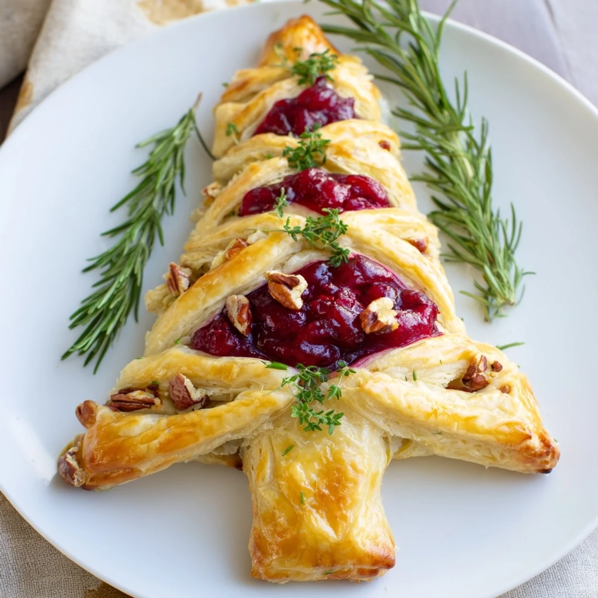 Golden-brown Brie en Croûte Pine Tree, with cranberry filling and flaky pastry, ready to serve as an appetizer.