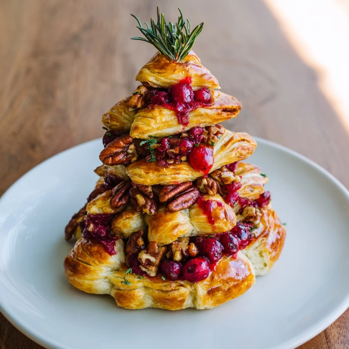 Festive Brie en Croûte Pine Tree, elegantly wrapped and baked until golden, with optional honey drizzle.