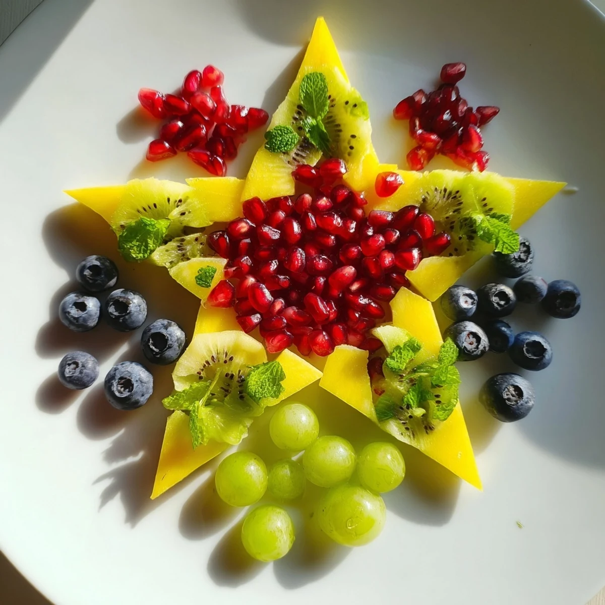 Vibrant colors of a pomegranate and mint star fruit platter, featuring a refreshing fruit medley arranged elegantly.
