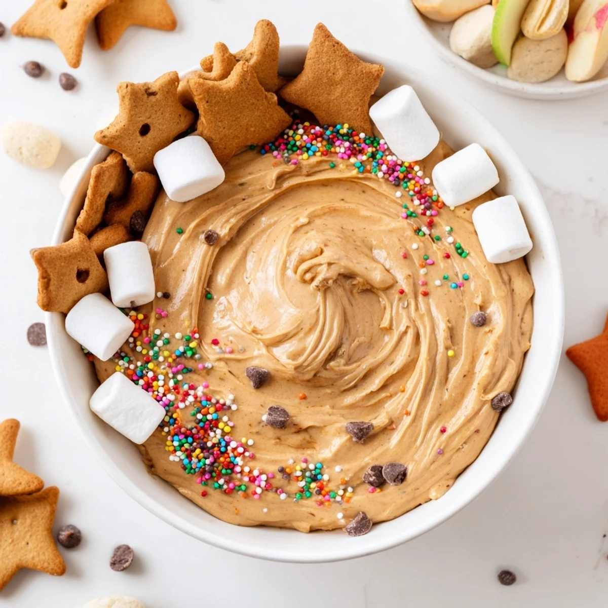 Gingerbread House Dip board with colorful dippables, a creamy holiday dessert for sharing.