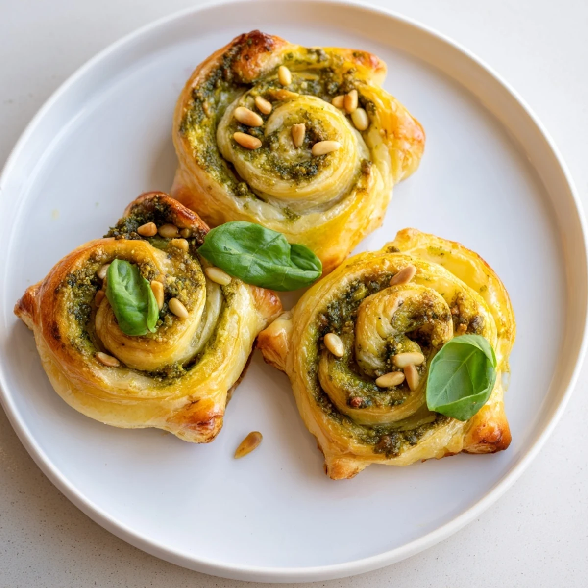 Golden, flaky Savory Bites: Star-Shaped Pesto Pinwheels, ready to eat, with crispy star points and a savory filling.