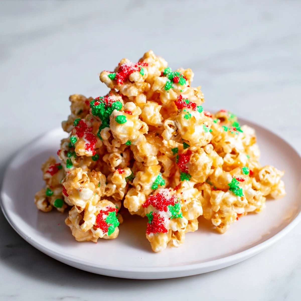 Warm, sweet Popcorn Piles with vibrant red and green sprinkles, a perfect holiday treat.