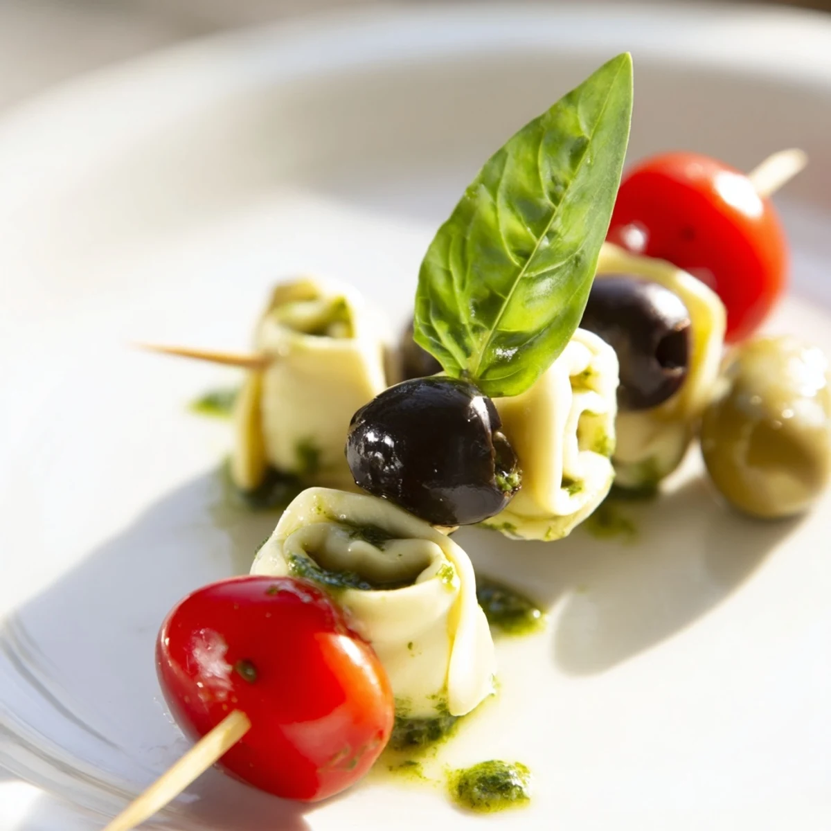Fresh appetizer skewers present tortellini, pesto-kissed, nestled between vibrant tomatoes, and olives.