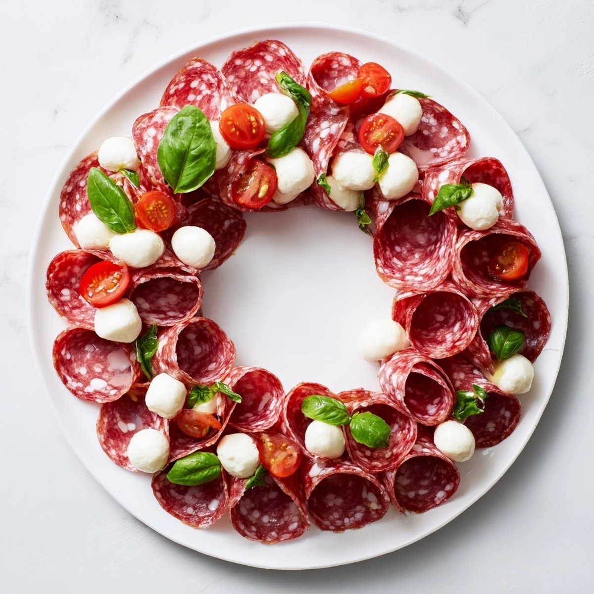 Folded salami wreath arranged with cherry tomatoes and mozzarella, a beautiful appetizer.