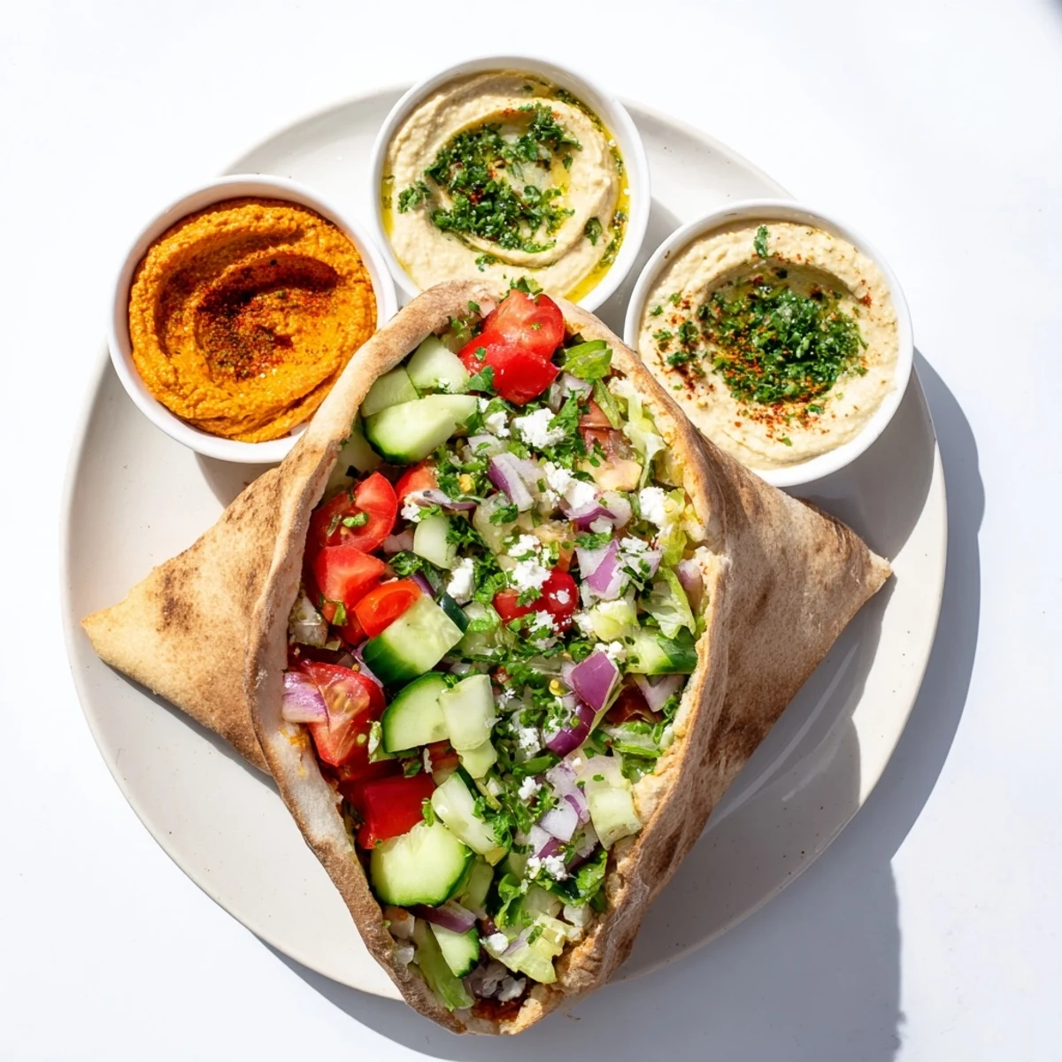 Warm, golden brown mini pita pockets and colorful veggies pair with creamy hummus bowls, a savory board feast.