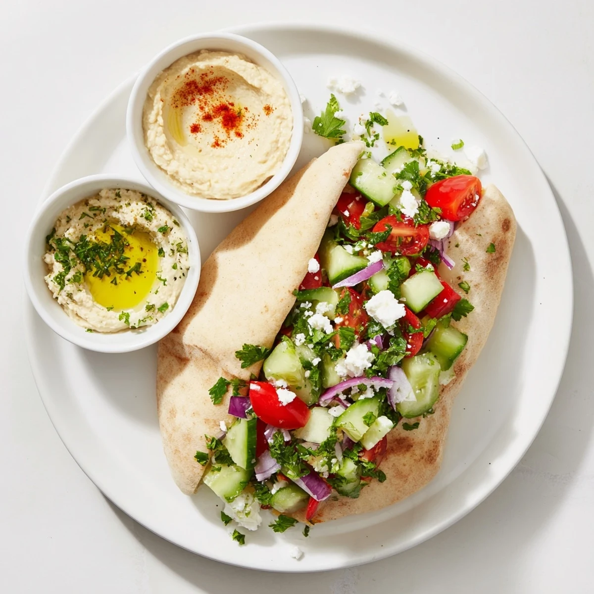 A delicious spread of mini pita pockets, various hummus bowls, and fresh chopped vegetables, ready to eat.