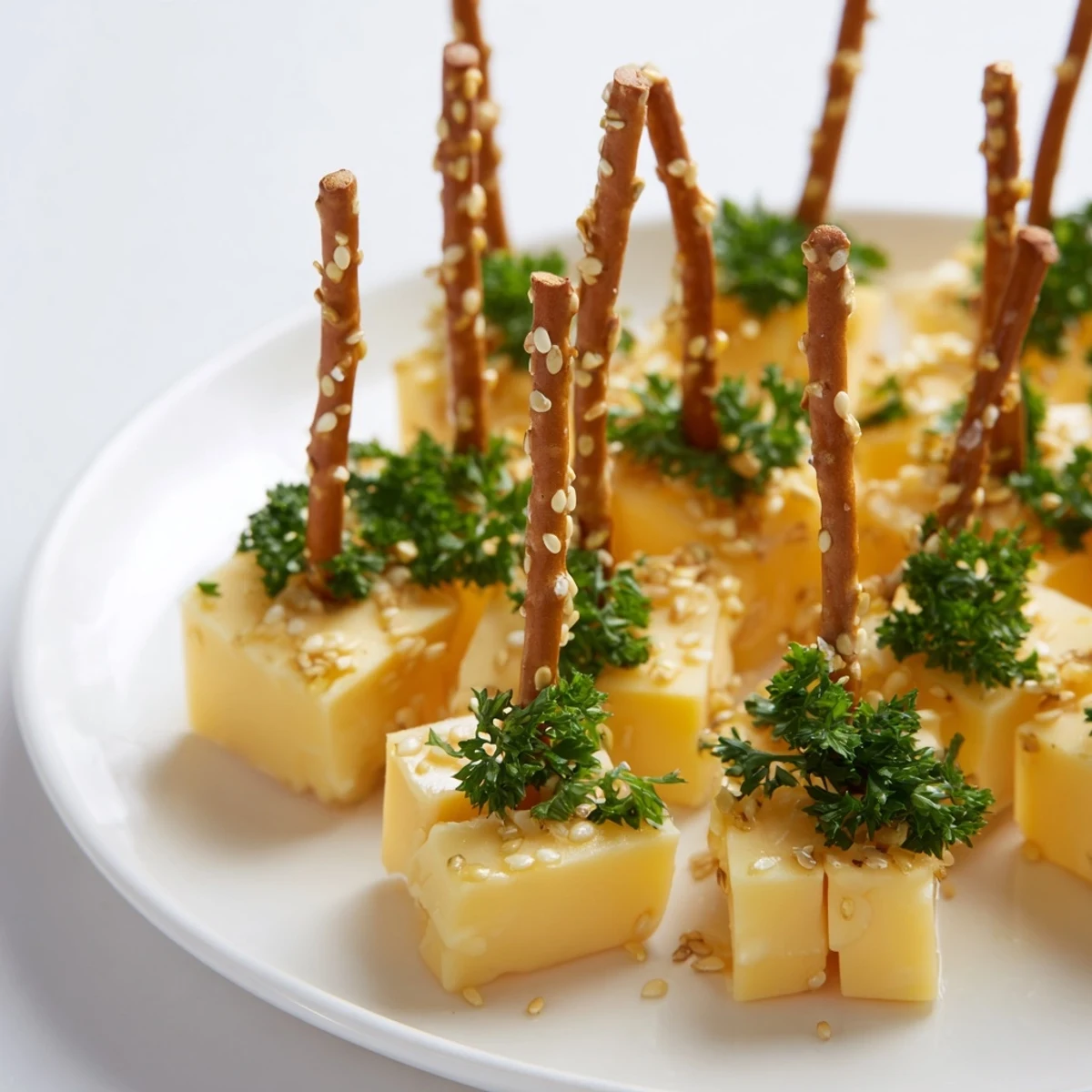 Close-up of golden cheddar cubes and pretzel "sparklers," a delicious appetizer for celebrations.