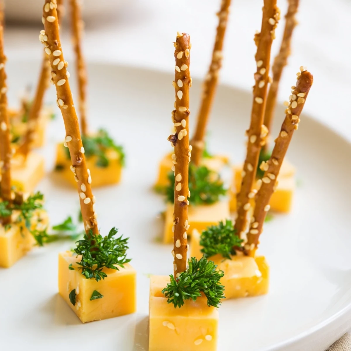 Sharp cheddar cheese cubes on pretzel stick "sparklers" ready for a New Year's Eve party.