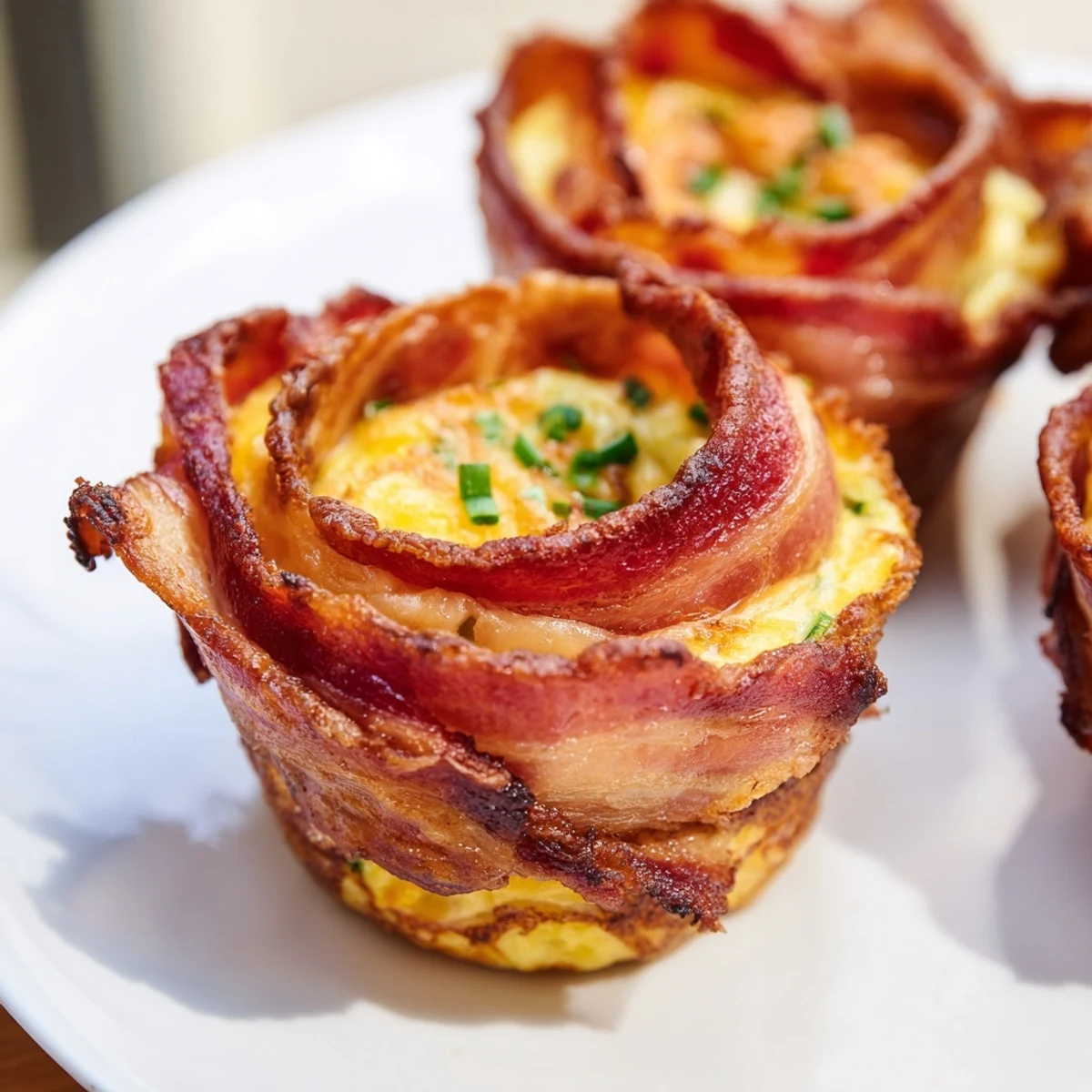 Golden-brown Scrambled Egg Cups with crispy bacon, a savory, gluten-free brunch idea.