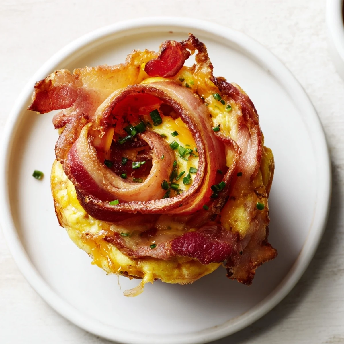 Fluffy baked Scrambled Egg Cups with bacon garnish, ideal for a quick and easy breakfast.