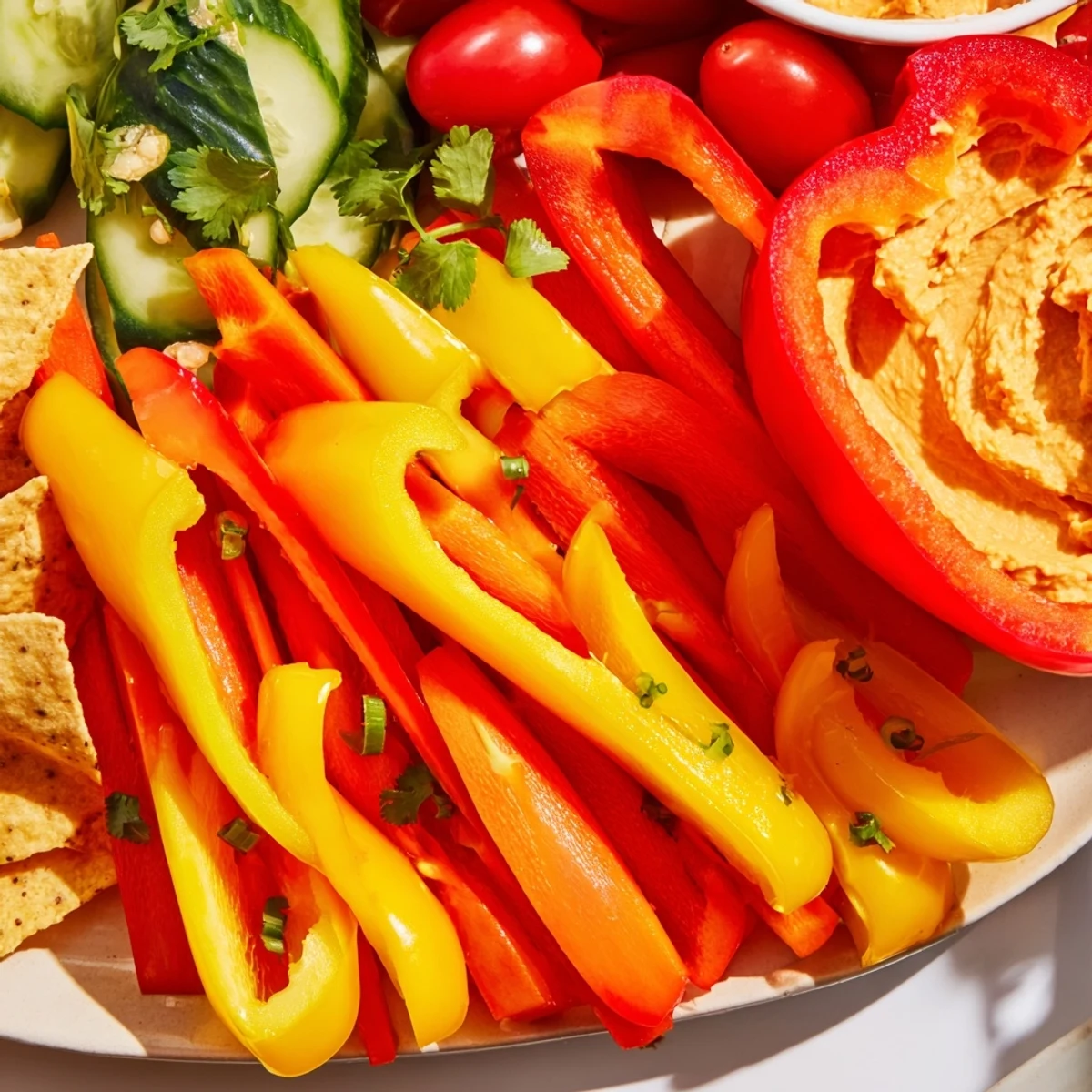 Vibrant Spicy Chili Pepper Fiesta appetizer platter featuring colorful bell peppers, dips, and chips for dipping.