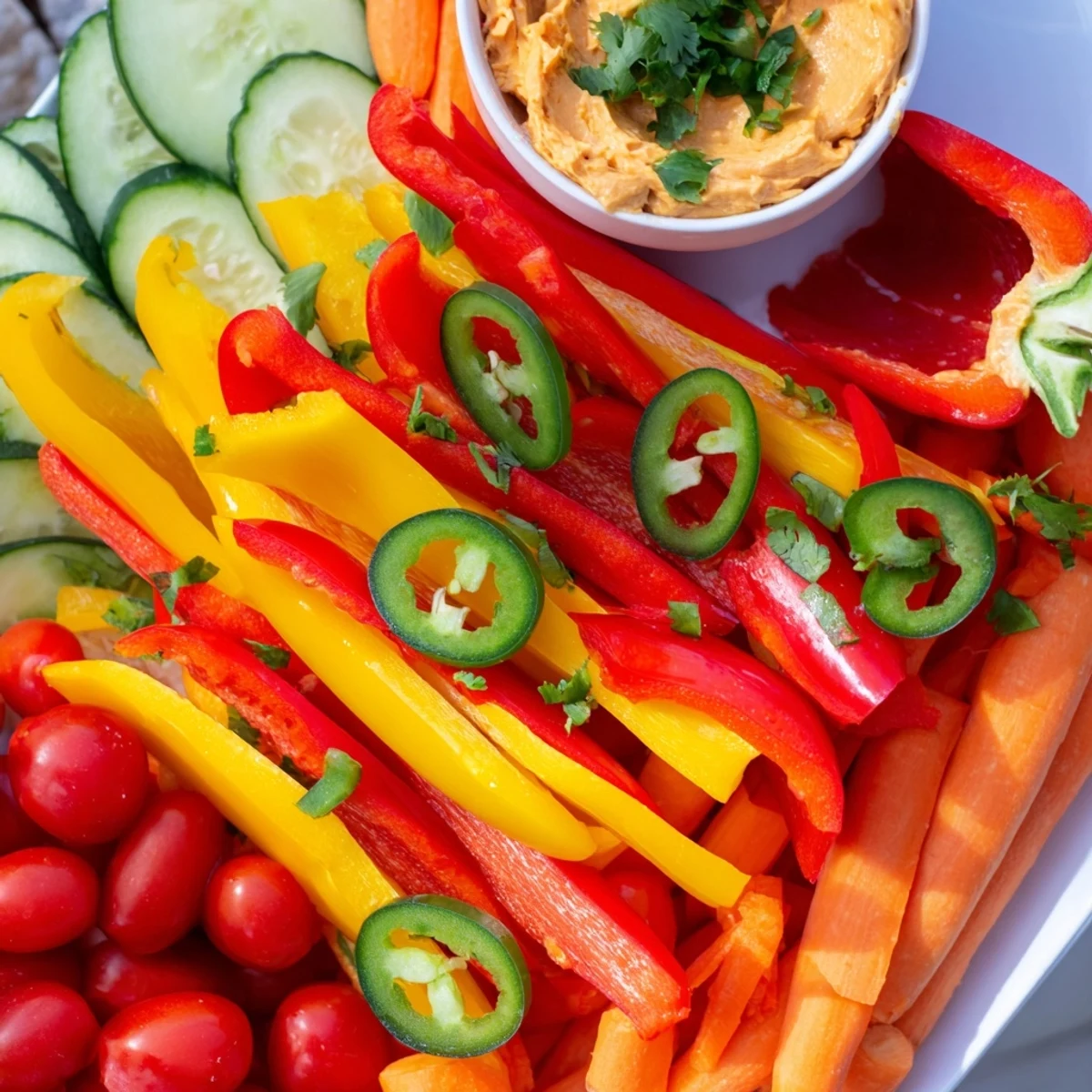 Close-up of a Spicy Chili Pepper Fiesta, showcasing fresh peppers alongside creamy guacamole and salsa.