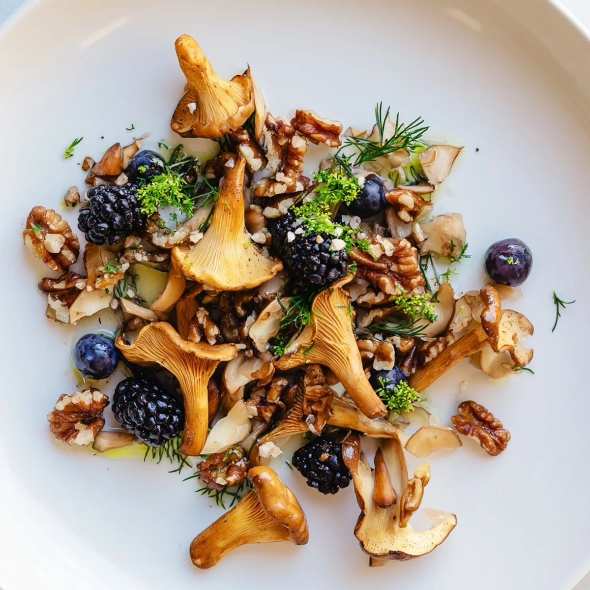 Northwest Forest Forager appetizer with earthy mushrooms, toasted nuts, and fresh berries artistically arranged.