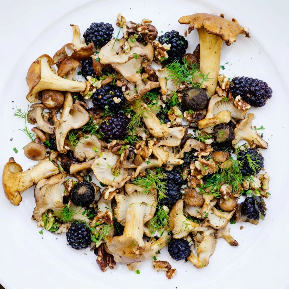 Vivid Northwest Forest Forager featuring earthy mushrooms and a moss of fresh herbs; perfect appetizer.