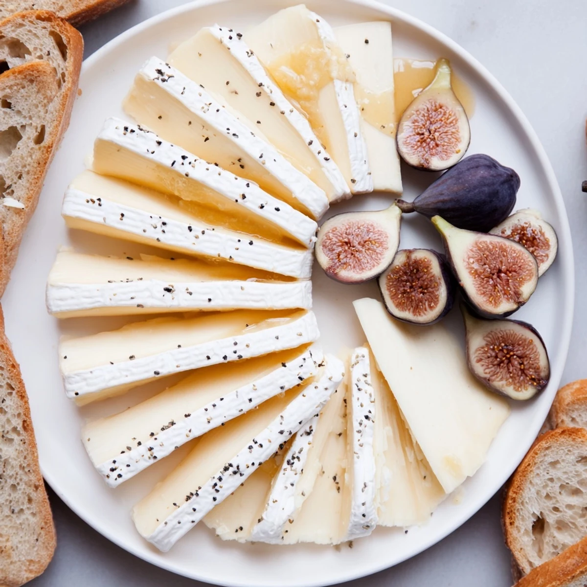 French Bistro Elegance platter with Brie, Comté, and goat cheese, ready to serve with artisan baguette.