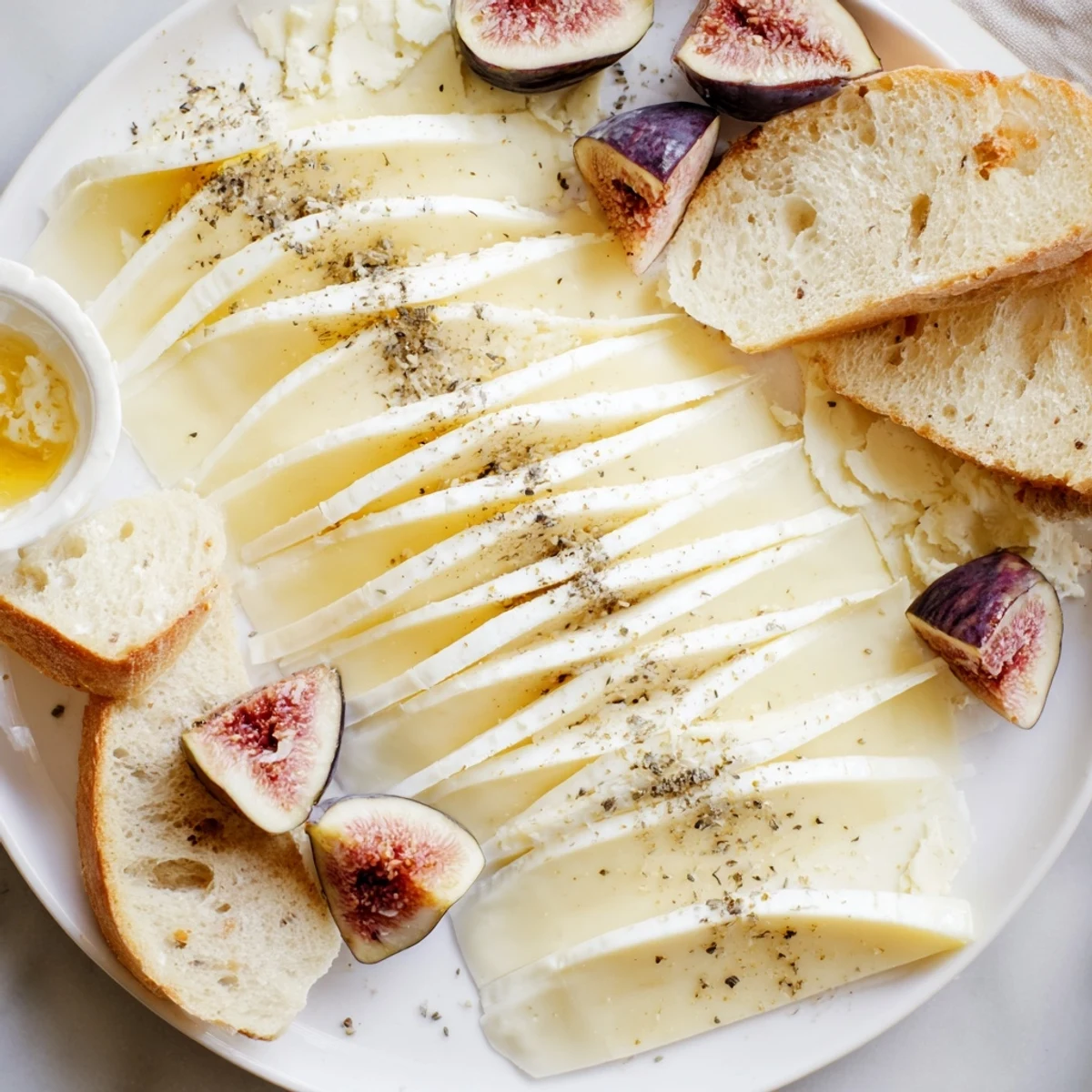 A close-up of the elegant French Bistro Elegance appetizer showcasing fresh figs paired with creamy cheeses.