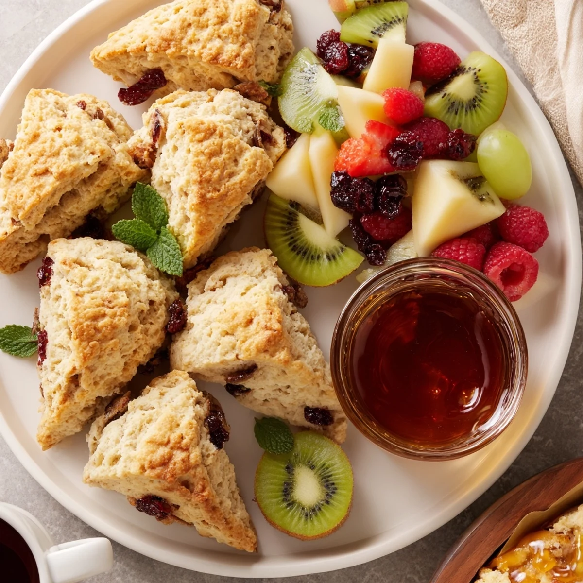 A delicious Breakfast Brunch Board Bliss, imagine mini pancakes, scones, and fresh fruit for brunch.